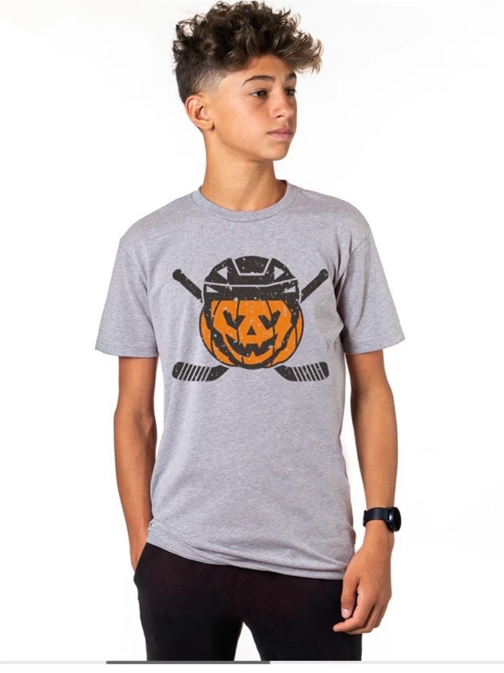 Halloween Pumpkin Ice Hockey Graphic Tee T-Shirt
